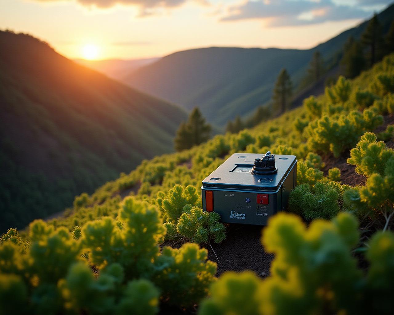 Panoramic view of a restored mining site with lush greenery and advanced monitoring equipment